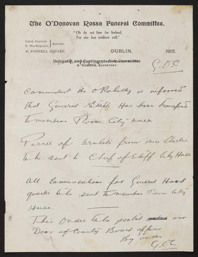 Instructions from the O'Donovan Rossa Funeral Committee about arrangements for the funeral, signed "G.O.C.",