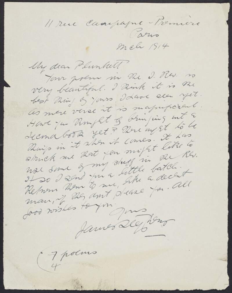 Letter from James Stephens to Joseph Mary Plunkett regarding Plunkett's poetry in the 'Irish Review',