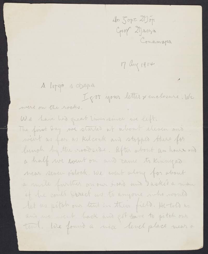Letter from Seoirse [George Oliver Plunkett], Connemara, to his brother Joseph Mary Plunkett, about his travels around the West of Ireland and asking him if he could send on a new gear for his bicycle,