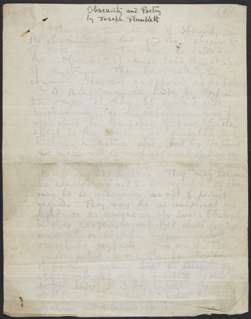 Draft of essay 'Obscurity and Poetry' by Joseph Mary Plunkett, with references to the poetry of George Russell and Thomas MacDonagh,
