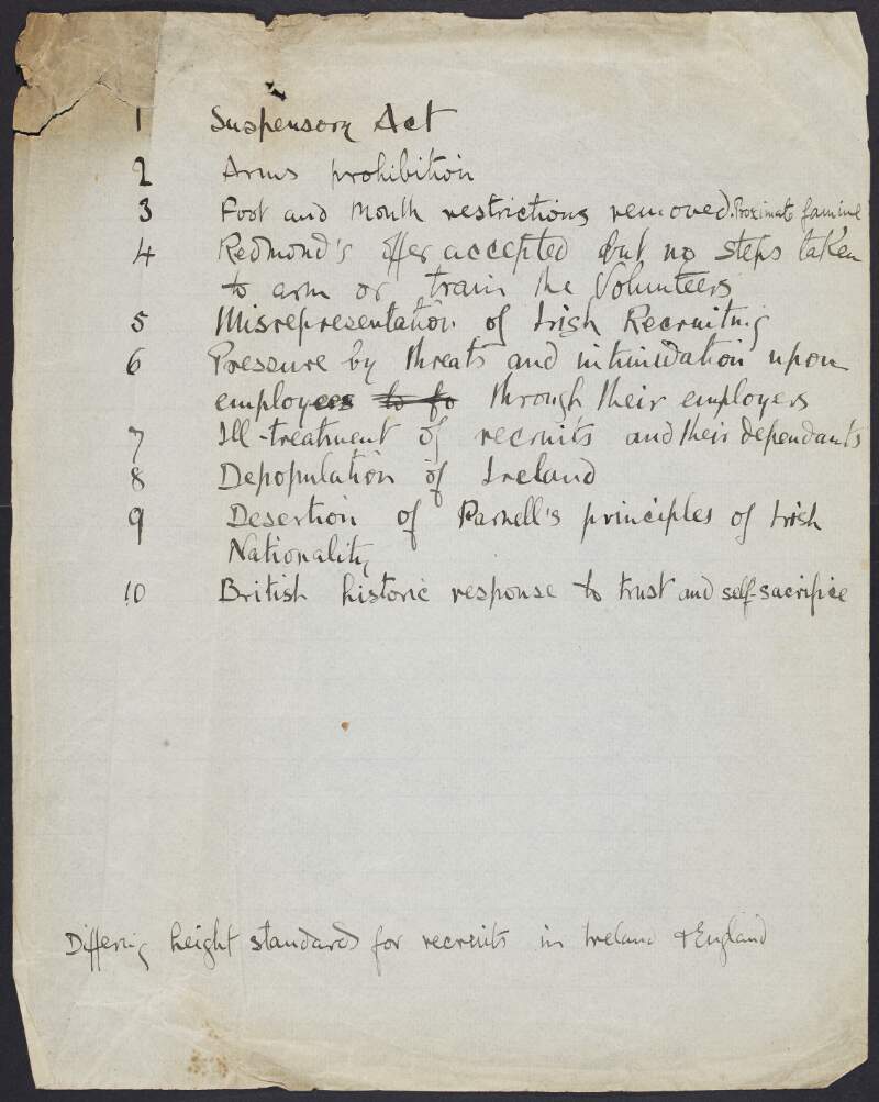 Draft outlining table of contents for essay on Irish politics by Joseph Mary Plunkett,