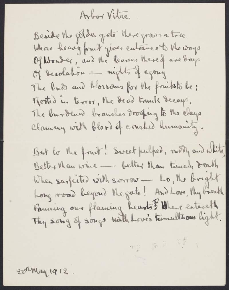 Draft of poem 'Arbor Vitae', by Joseph Mary Plunkett, with symbols inscribed on verso,