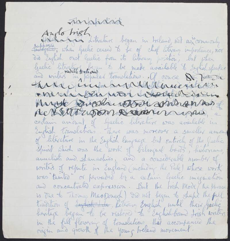Draft of article on the Irish literary tradition by Joseph Mary Plunkett,