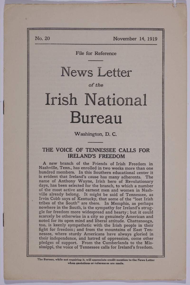 News letter : of the Irish National Bureau Washington, D.C. /