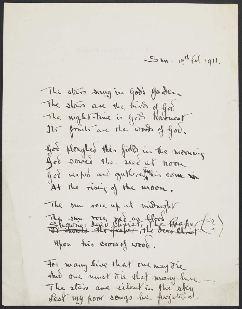 Draft of 'The stars sang in God's garden' by Joseph Mary Plunkett,
