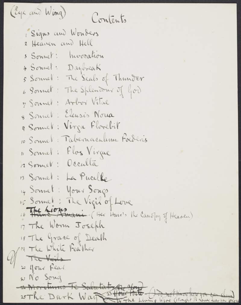 List compiled by Joseph Mary Plunkett of poems and sonnets for a collection entitled 'Eye and Wing',