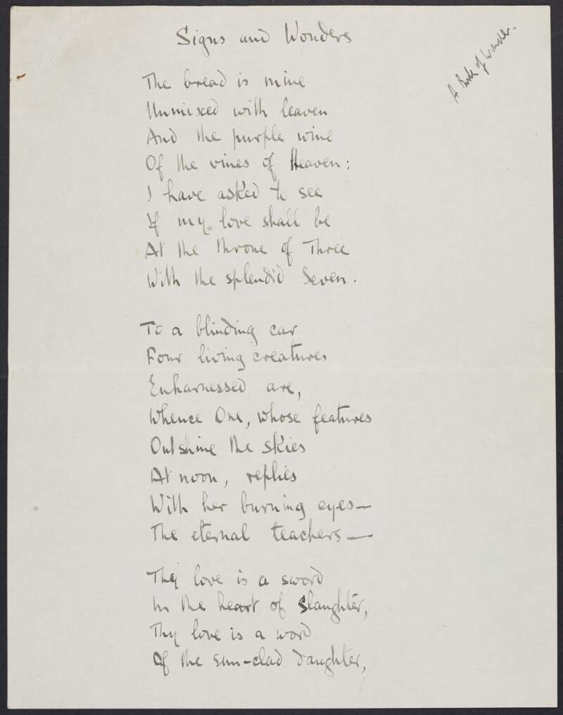 Draft of poem 'Signs and Wonders' by Joseph Mary Plunkett,