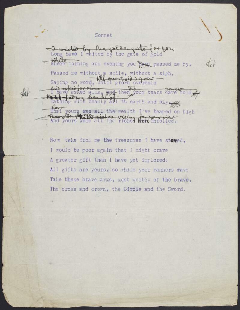 Draft of poem 'Sonnet' by Joseph Mary Plunkett, beginning with the line "Long have I waited by the gate of gold",