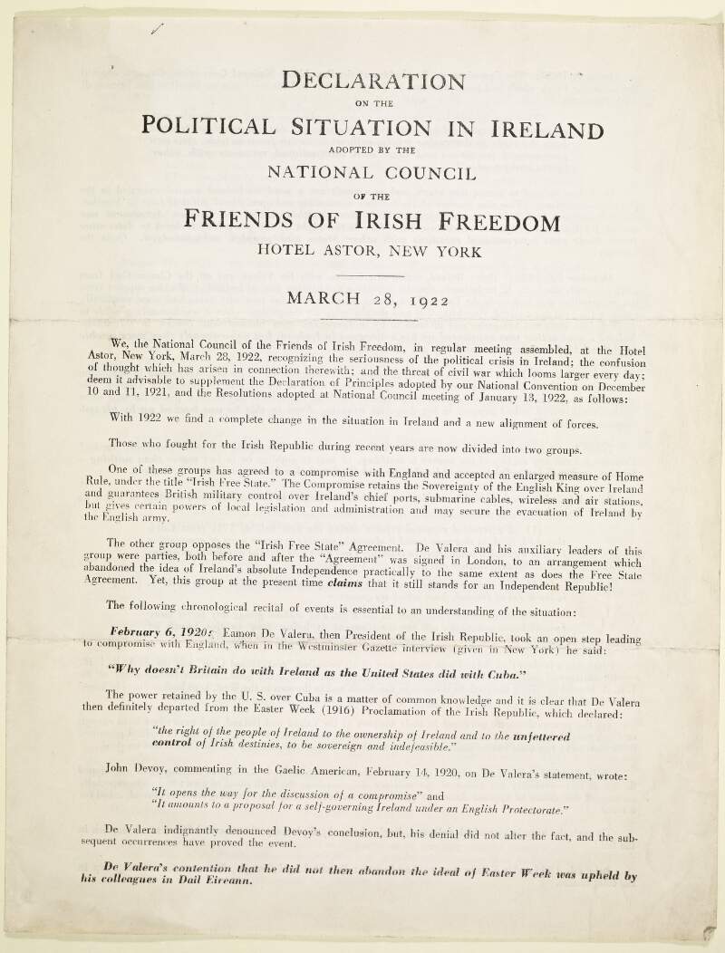 Declaration on the political situation in Ireland : adopted by the National Council of the Friends of Irish Freedom Hotel Astor, New York, March 28, 1922.