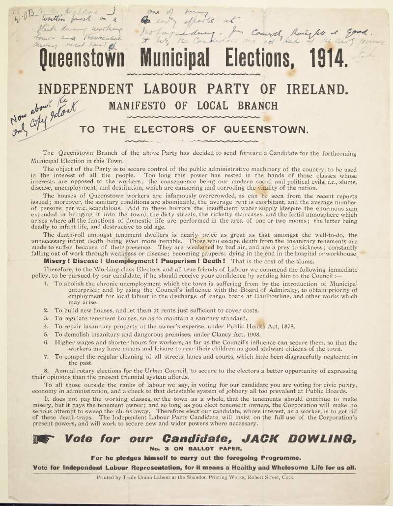 Queenstown municipal elections, 1914: Independent Labour Party of Ireland; manifesto of local branch /