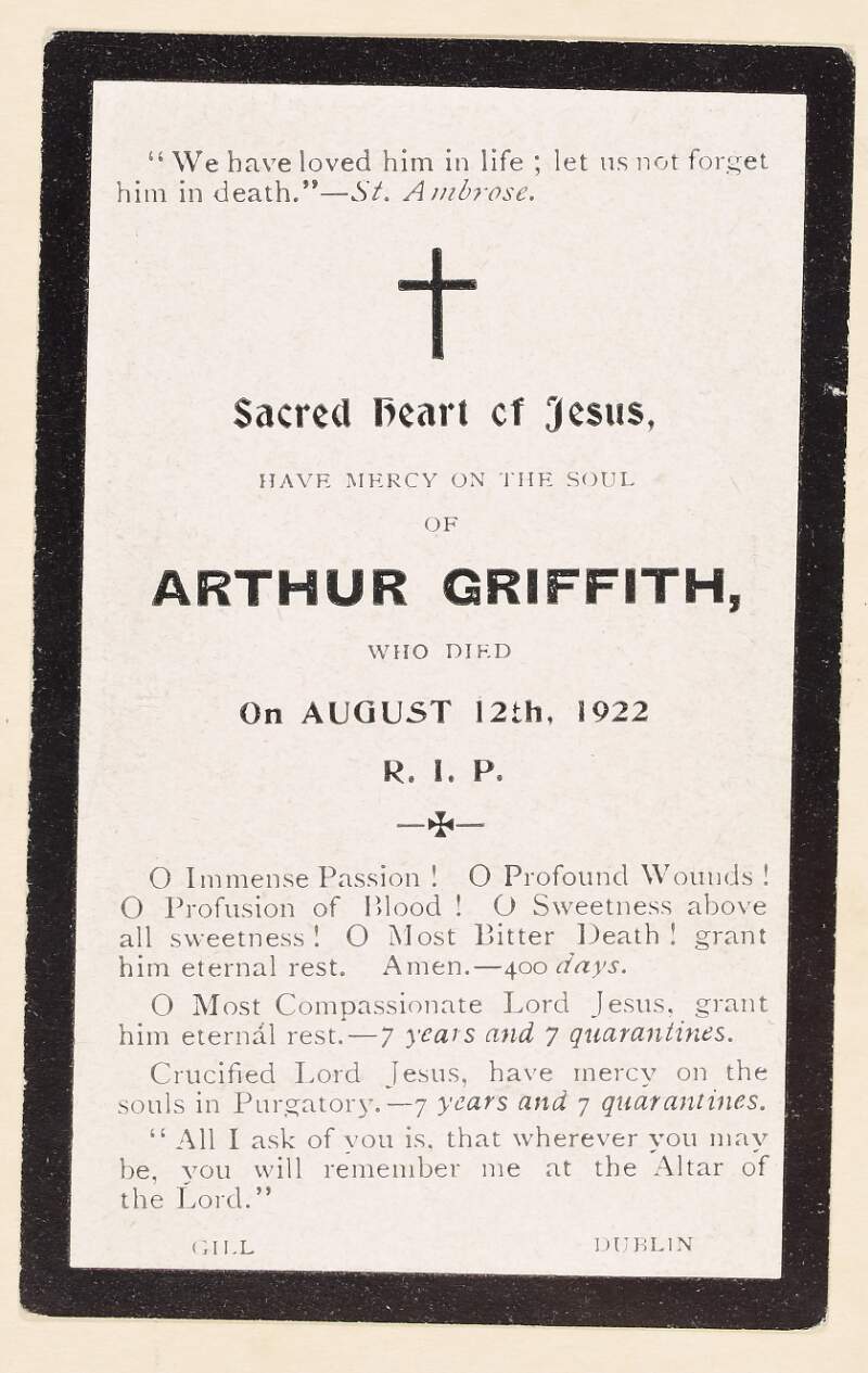 [Memorial card for Arthur Griffith].