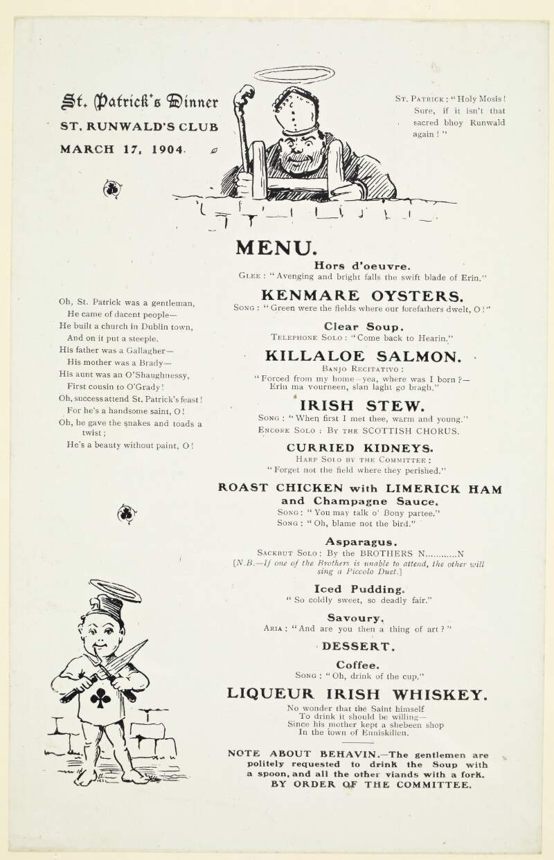 St. Patrick's dinner : St. Runwald's Club March 17, 1904