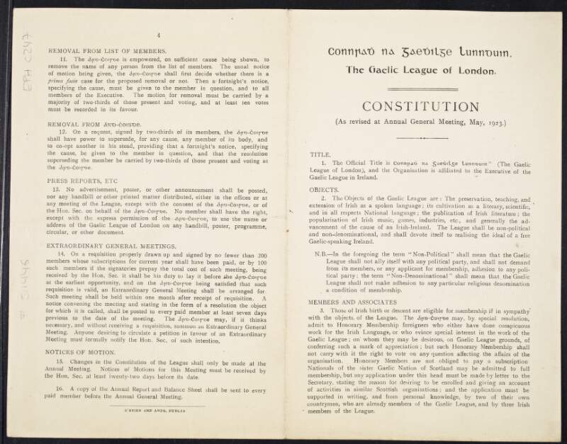 Connradh na Gaedhilge Lunnduin = Gaelic League of London. Constitution as revised at annual general meeting, May, 1923