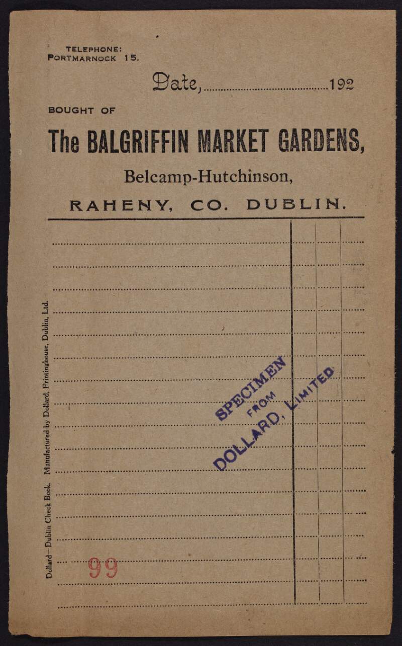 [Invoice for the Balgriffin Market Gardens].