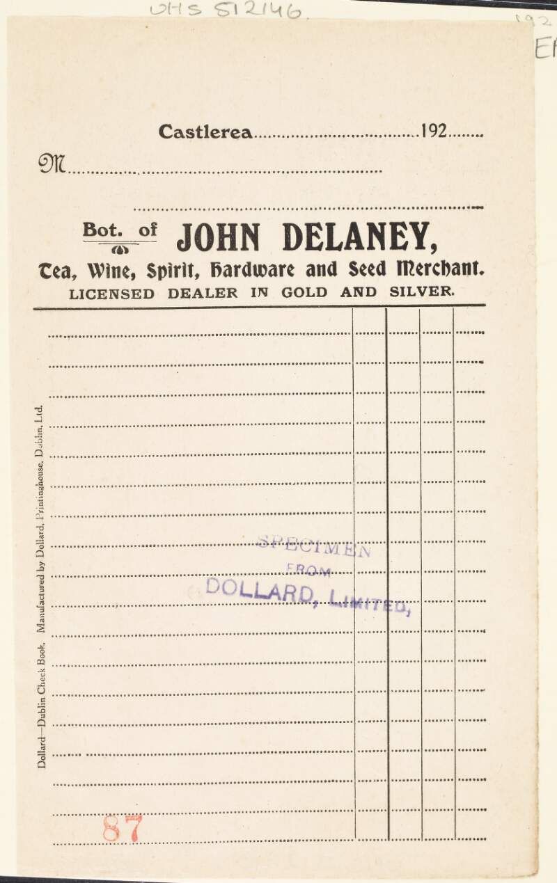 [Invoice for John Delaney, tea, wine, spirit, hardware and seed merchant].