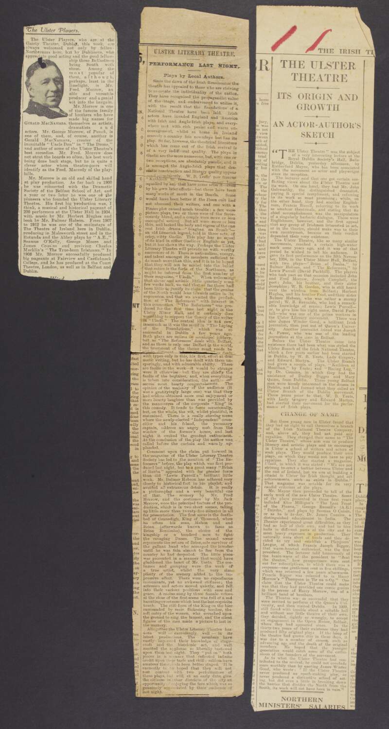 Newspaper cuttings from the Irish Times and Irish Press, relating to the Ulster Literary Theatre and the Ulster Players,