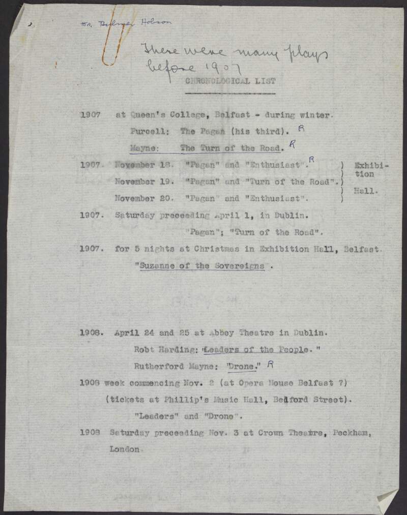 'Chronological List', a list of plays performed by the Ulster Literary Theatre between 1907 and 1930,