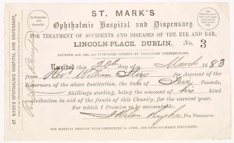 [Head of bill] : St. Mark's Ophthalmic Hospital and Dispensary for treatment of accidents and diseases of the eye and ear /