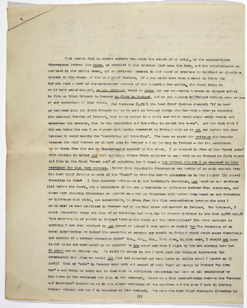 Typescript document by Roger Casement examining the evidence against him at his trial,