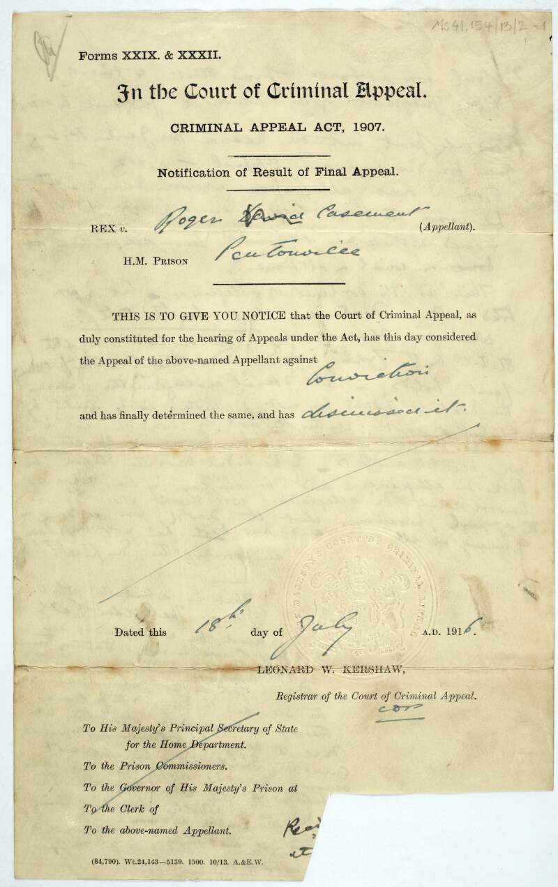 Notice of Final Appeal in the case of Rex. v. Roger Casement, H.M. Prison, including letter from George Gavan Duffy to Sir Frederick Edwin Smith, Royal Courts of Justice, regarding the dismissal of the appeal,