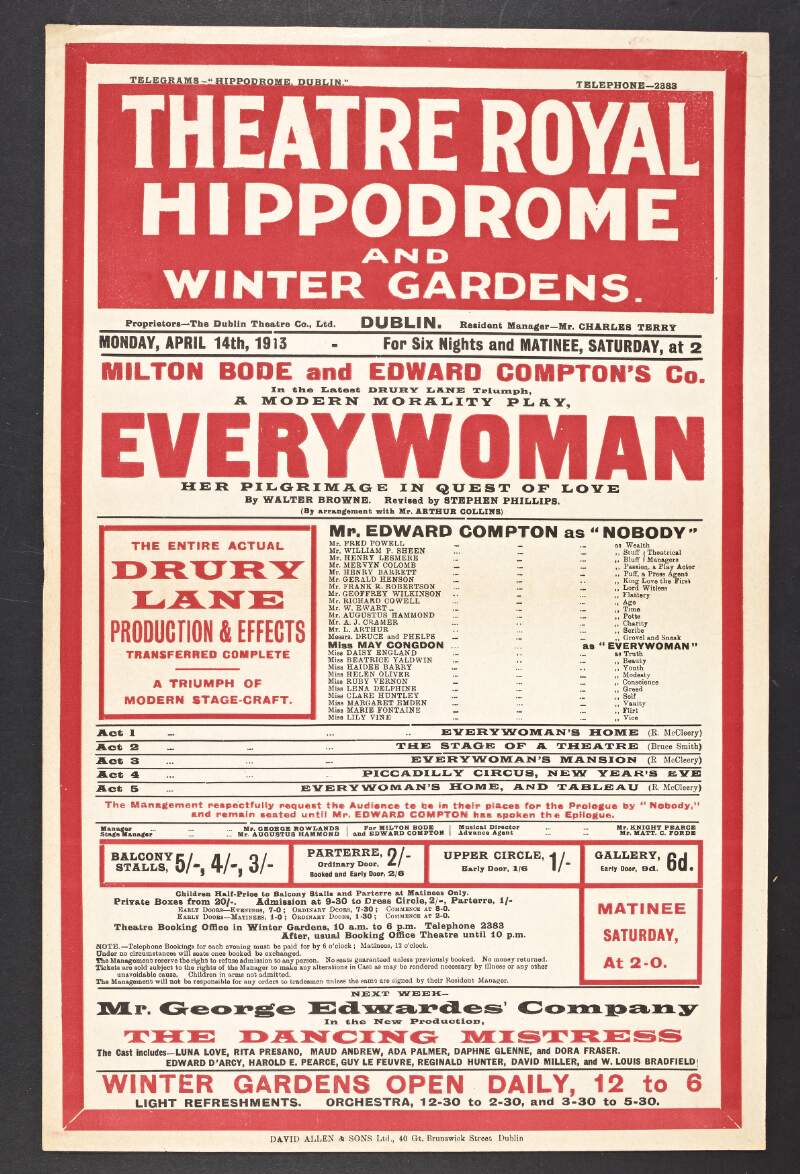 Hilton Bode and Edward Compton's Co. in the latest Drury lane triumph a modern morality play "Everywoman" her pilgrimage in quest of love by Walter Browne revised by Stephen Phillips /