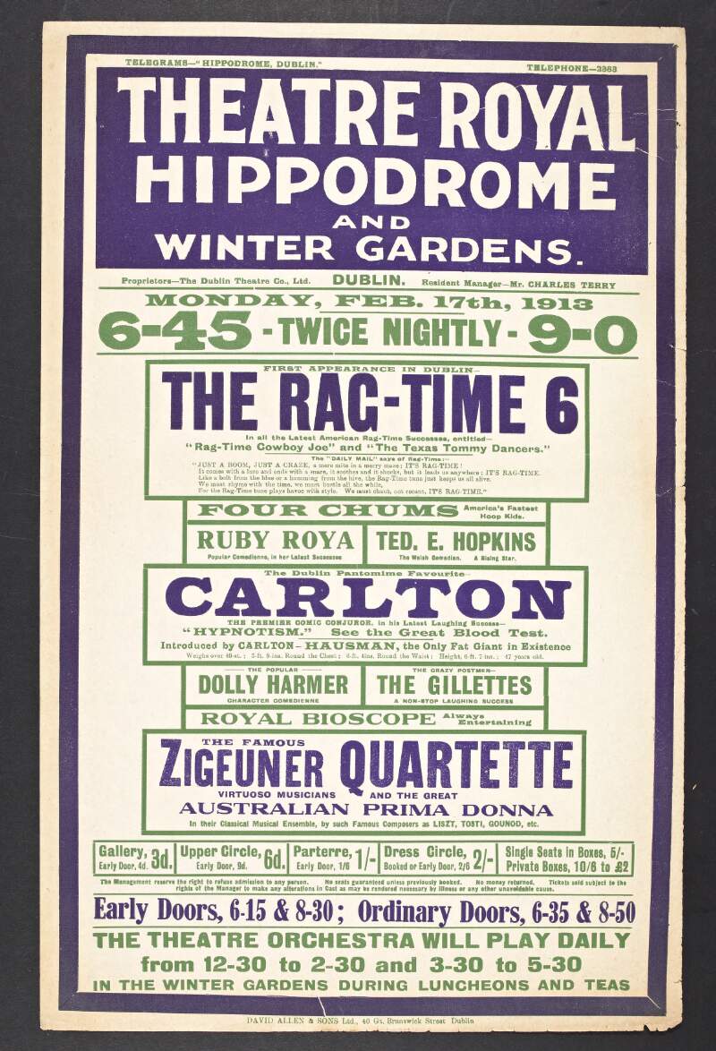 First appearance in Dublin The Rag-Time 6 : in all the latest American rag-time successes entitled 'Rag-Time Cowboy Joe' and the 'The Texas Tommy Dancers' /
