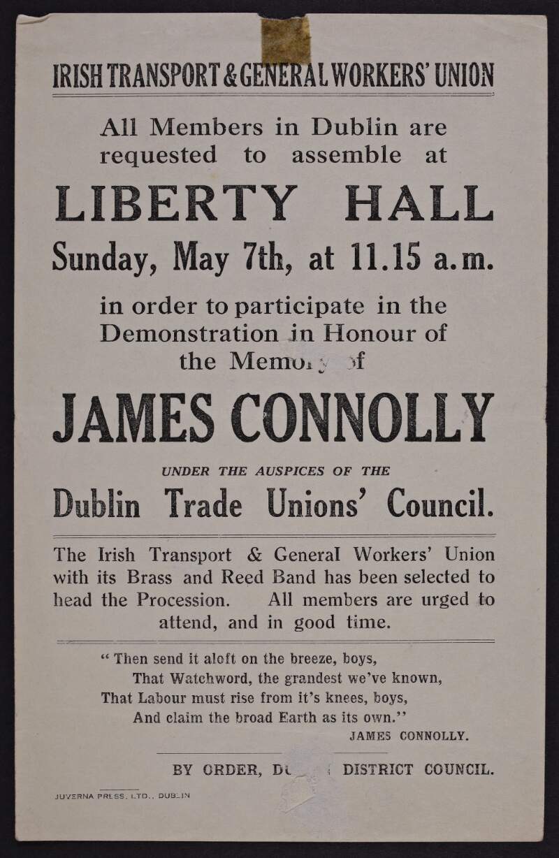 All members in Dublin are requested to assemble at Liberty Hall : Sunday, May 7th, at 11.15 a.m. /