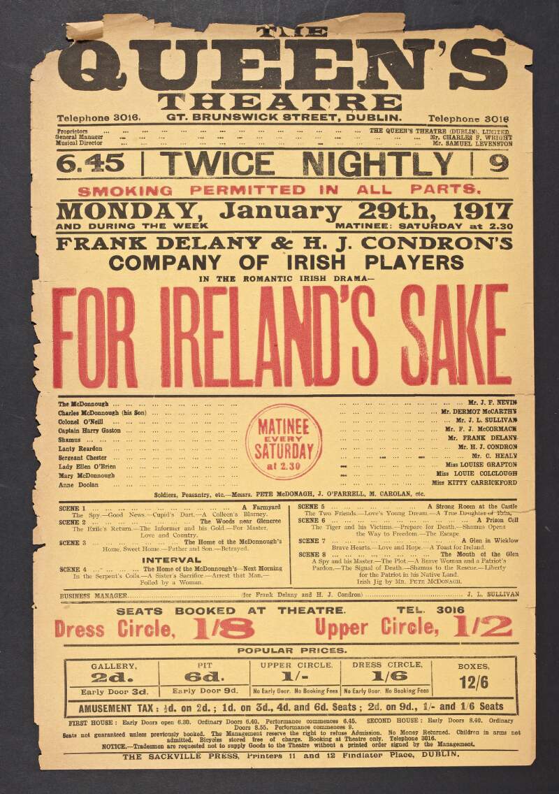 Frank Delany & H. J. Condron's company of Irish players in the romantic Irish drama 'For Ireland's Sake' /