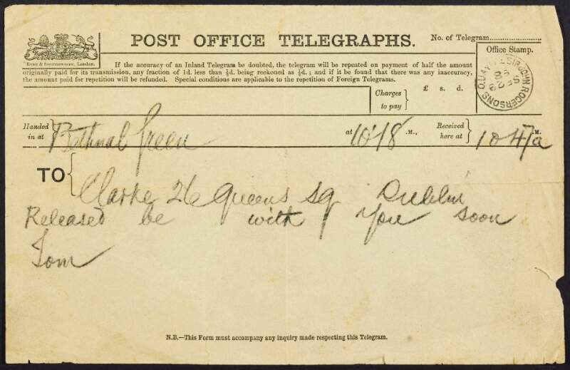 Telegram from Tom Clarke sent to his brother Alfred, informing him of his release from Portland Prison,
