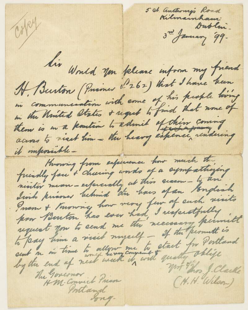 Letter from Tom Clarke, to the Governor of Portland Prison, requesting leave to visit the Irish prisoner Harry Burton,