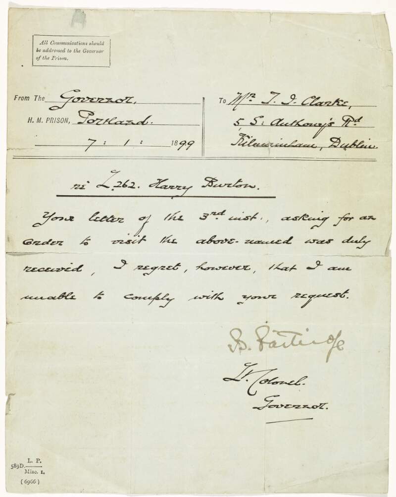 Letter from the Governor of Portland Prison to Tom Clarke, turning down his request to visit the Irish prisoner Harry Burton,