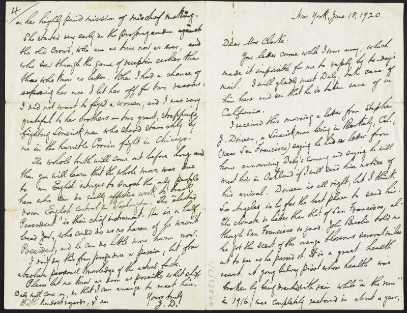 Letter from John Devoy to Kathleen Clarke written from New York, regarding her son Daly,