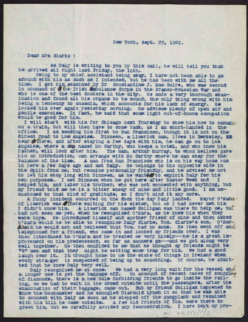 Letter from John Devoy to Kathleen Clarke, written from New York, regarding the arrival of Daly Clarke in America,