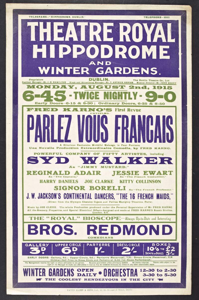 Fred Karno's first revue entitled 'Parlez Vous Francais',  a hilarious recherche mirthful melange in four portions : music by Joe Cleve /