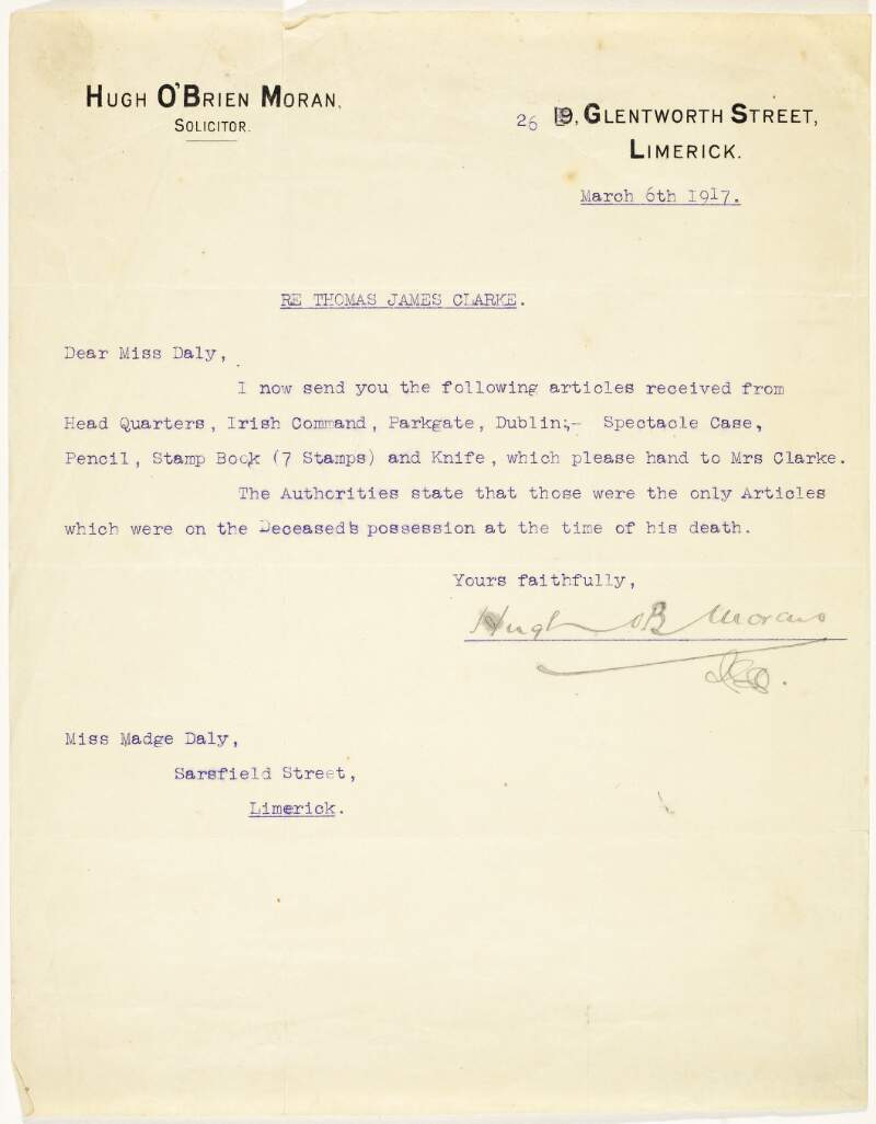 Letter from Hugh O'Brien Moran, solicitor to Madge Daly, concerning Tom Clarke's personal effects,