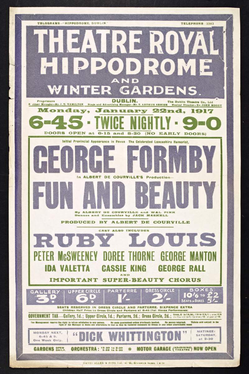 Initial provincial apperance in revue the celebrated Lancashire humorist George Formby in Albert de Courville's production Fun and Beauty /