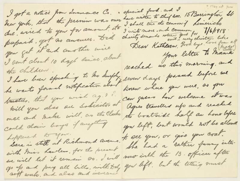 Letter from Madge Daly, to her sister Kathleen Clarke, written during Clarke's detention in Holloway Prison, regarding her children,