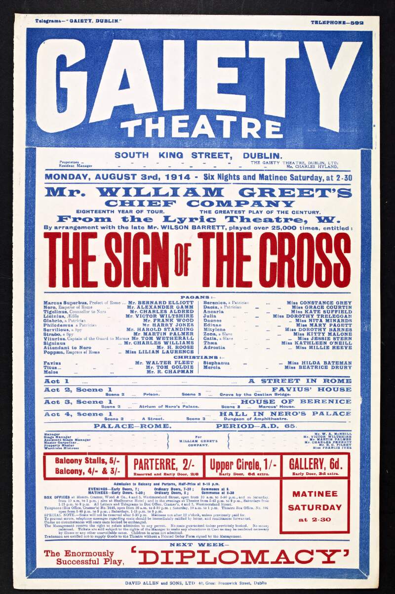 Mr. William Greet's chief company from the Lyric Theatre : by arrangement with the late Mr. Wilson Barrett ... entitled The Sign of the Cross /