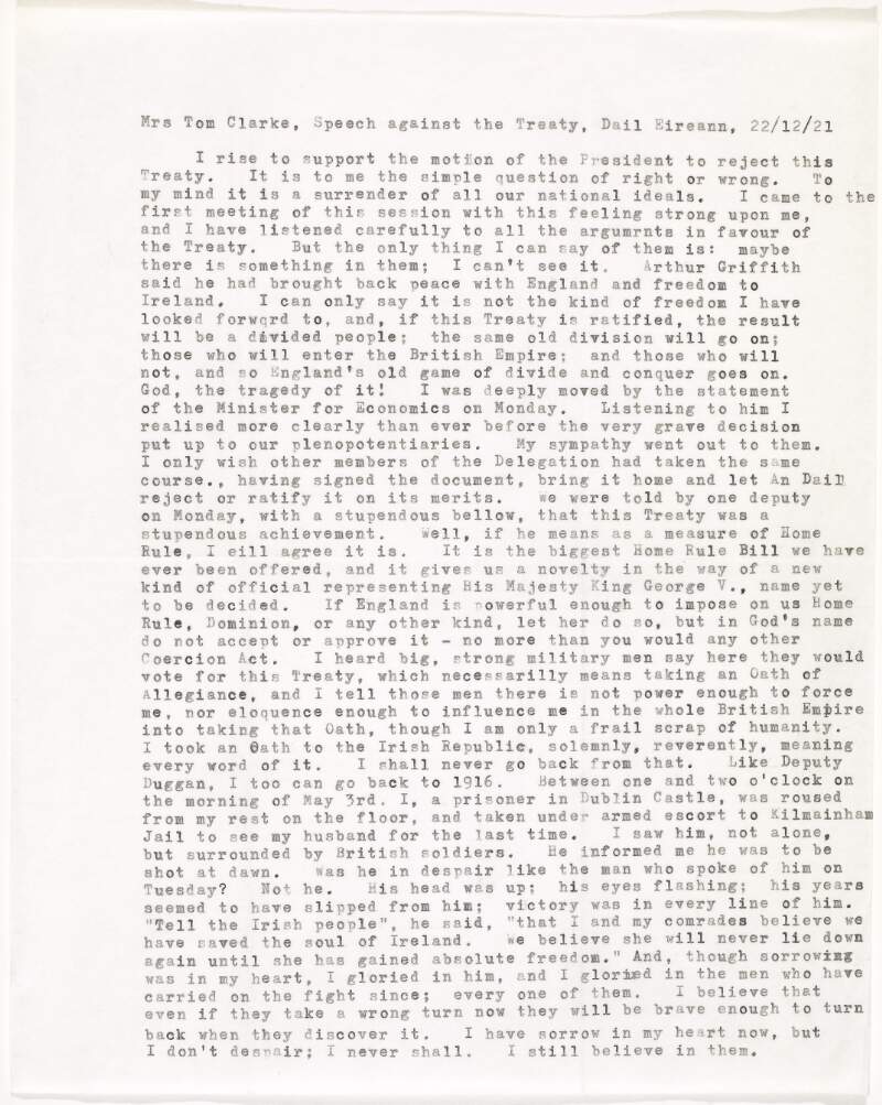 Typescript copy of Kathleen Clarke's speech to the Daíl against the Anglo-Irish Treaty,