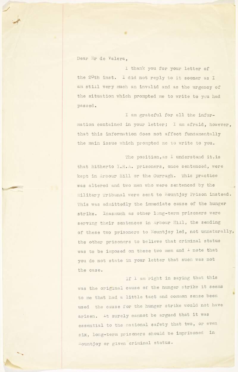 Copy letter from Kathleen Clarke, Lord Mayor of Dublin, to Éamon De Valera regarding the prisoners who have died on hunger strike,