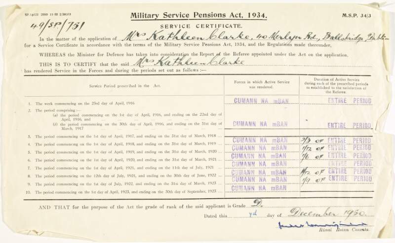 Kathleen Clarke's Military Service Certificate,