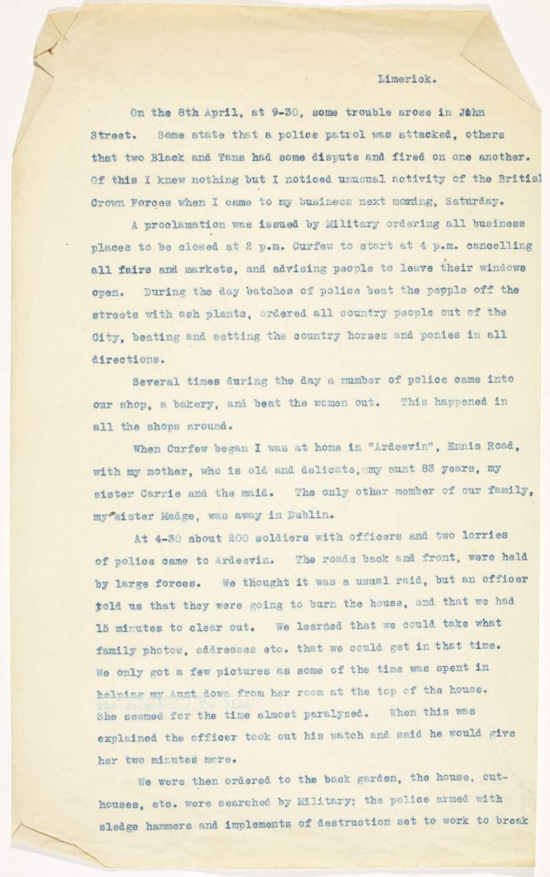 Statement made by Una Daly, describing the descruction of her home in Limerick by British troops,