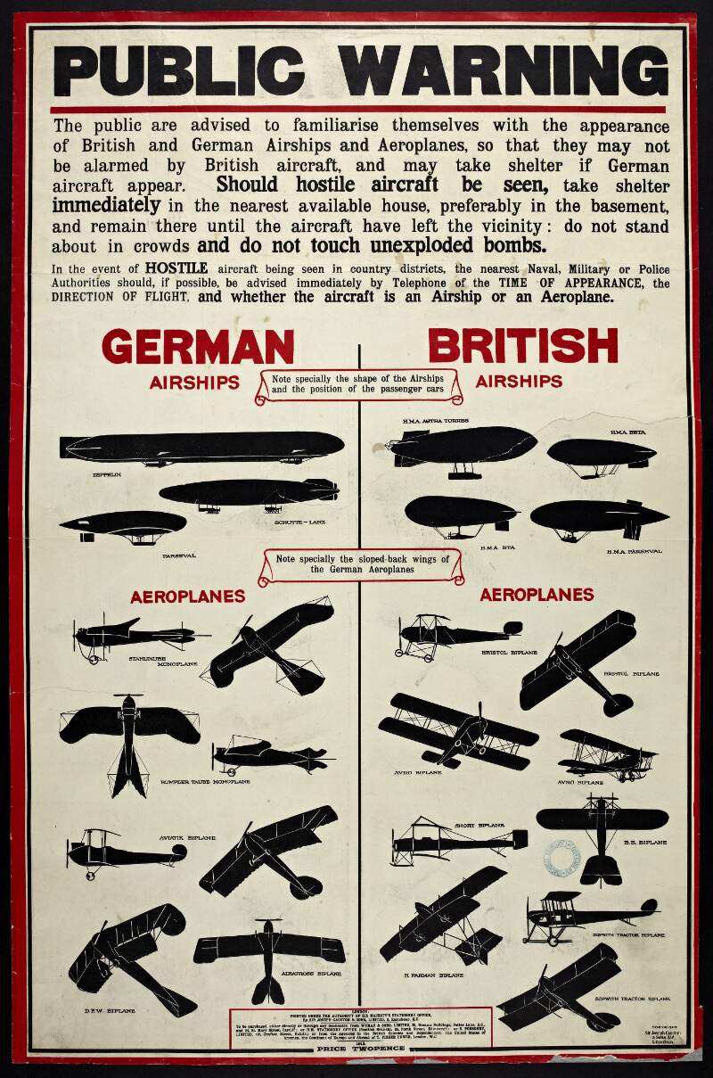 Public warning : the public are advised to familiarise themselves with the appearance of British and German airships and aeroplanes. /