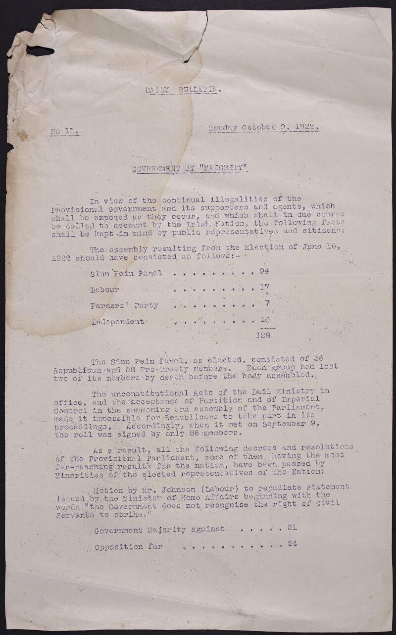 Daily bulletin: government by a majority, Monday, October 9, 1922./
