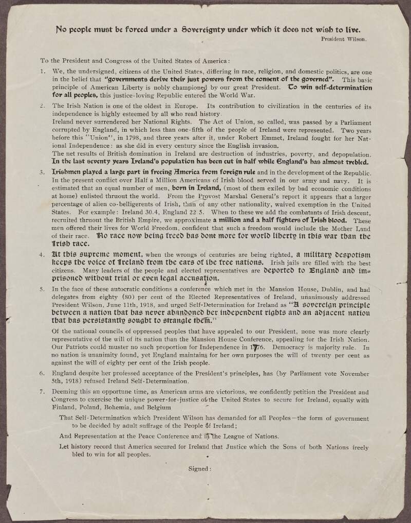 Blank form petitioning the President and Congress of the United States of America to support Irish claims for independence at the Paris Peace Conference and the League of Nations,