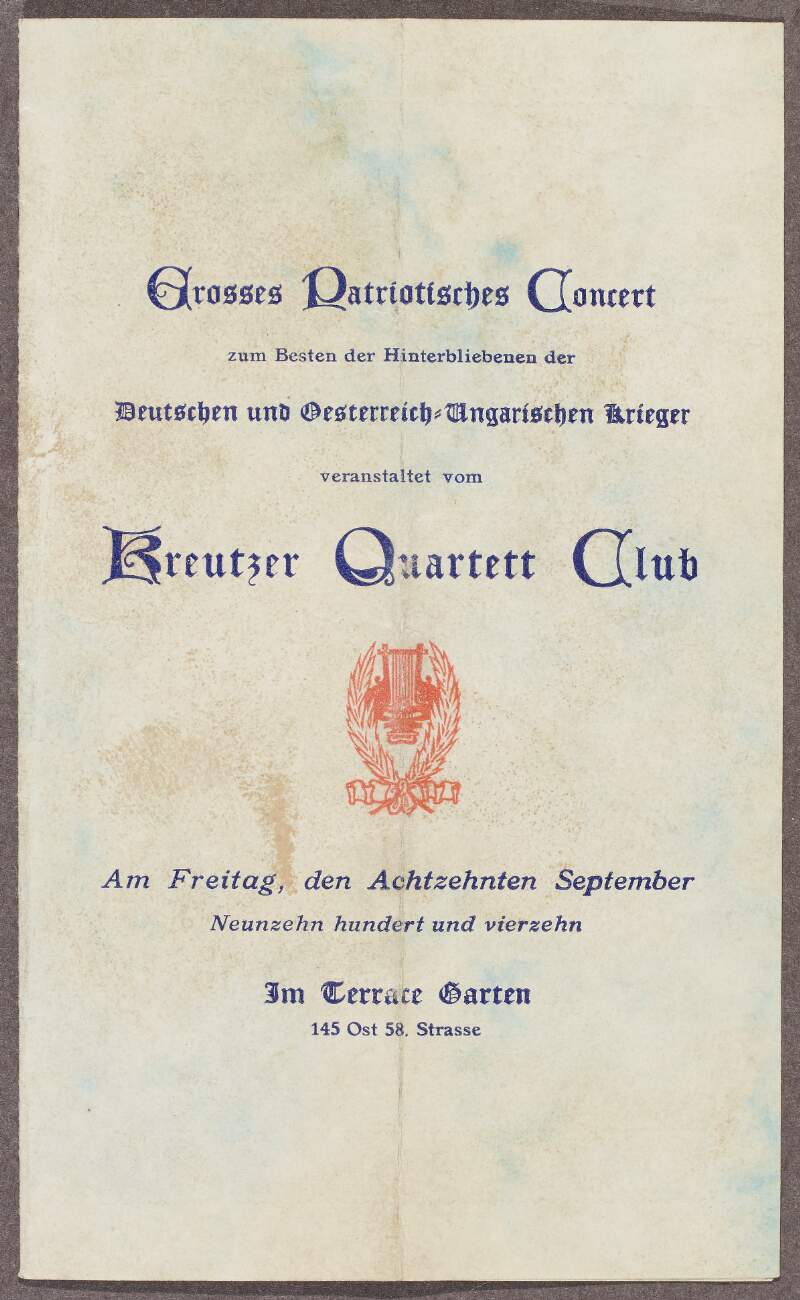 Programme of events, printed in German, for a patriotic gala concert for supporters of Austria-Hungary in the Great War, held in New York,