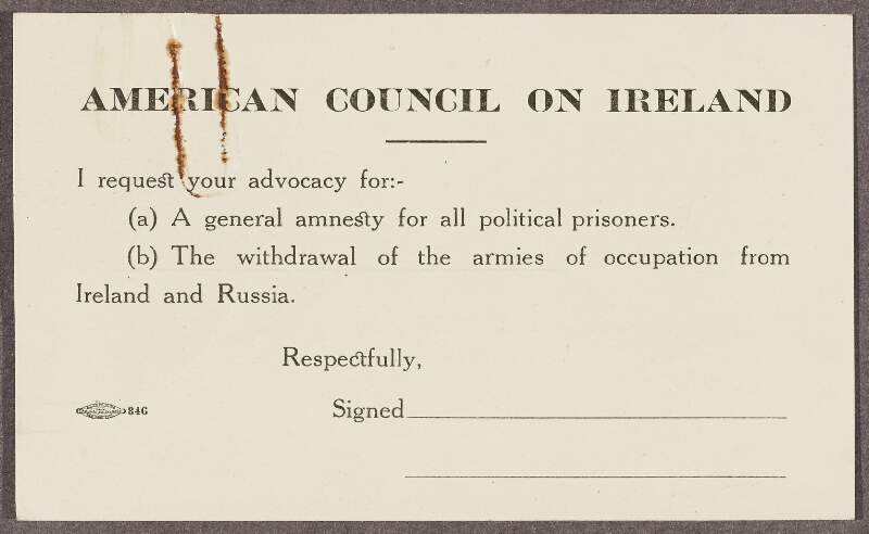 Postcard produced by the American Council on Ireland, advocating an amnesty for Irish political prisoners,