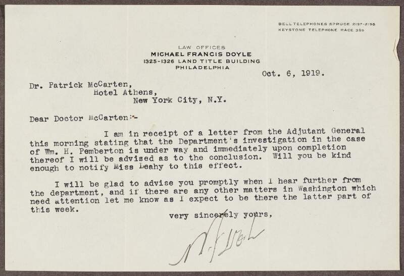 Letter from Michael Francis Doyle, Philadelphia, to Patrick McCartan regarding the case of William H. Pemberton,