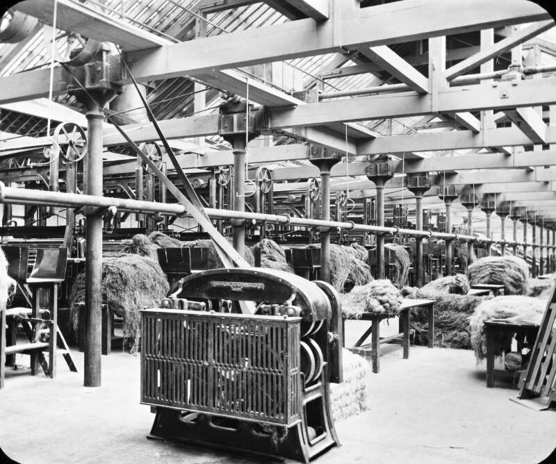 Belfast Ropeworks: heckling room. Bales of raw material and technology of era.