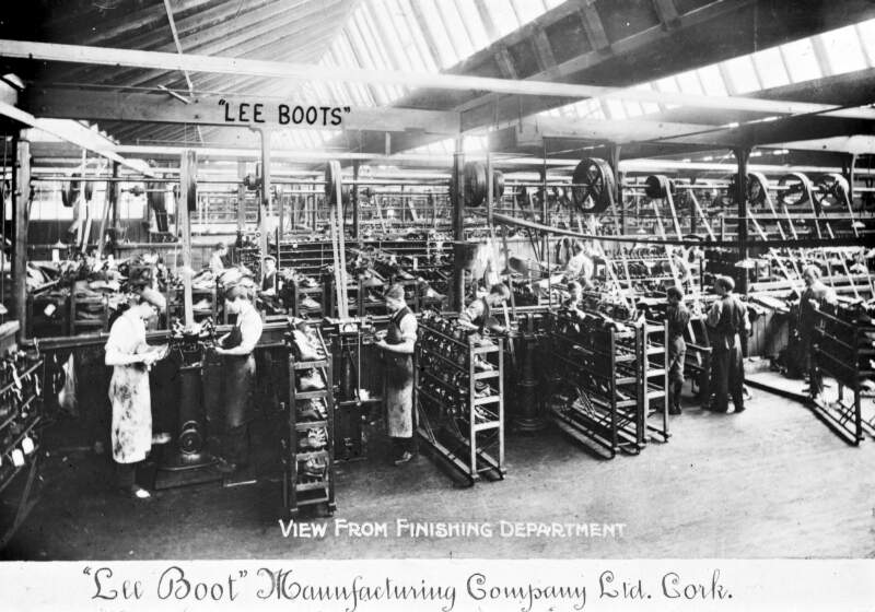 Lee Boot M/F Cork. Young boys and men. View from above finishing department.